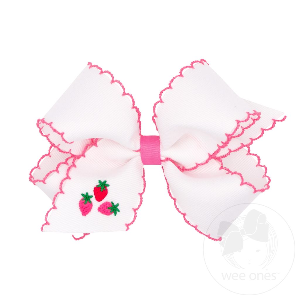 Medium Grosgrain Hair Bow with Moonstitch Edge and Summer-themed Embroidery - STRAWBERRY