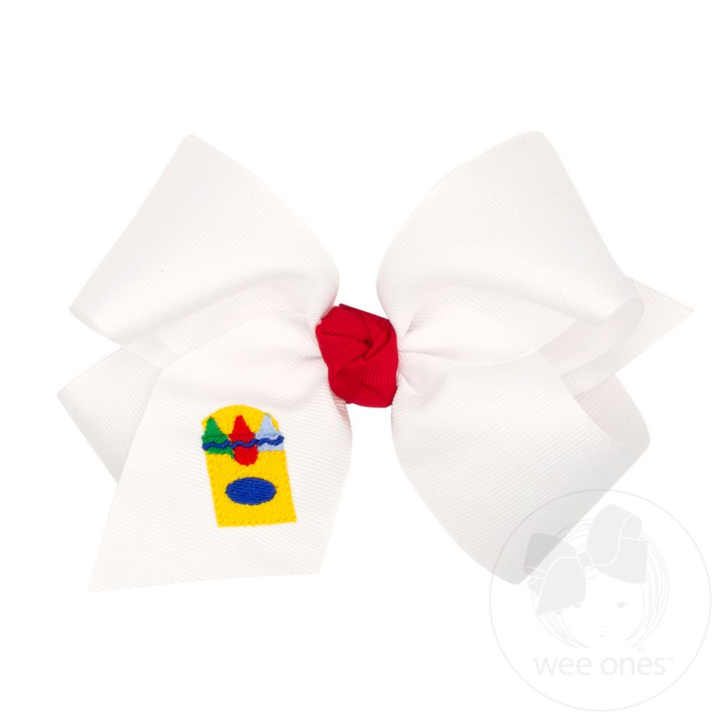 King Grosgrain Hair Bow with Knot Wrap and School-themed Embroidery - CRAYONS