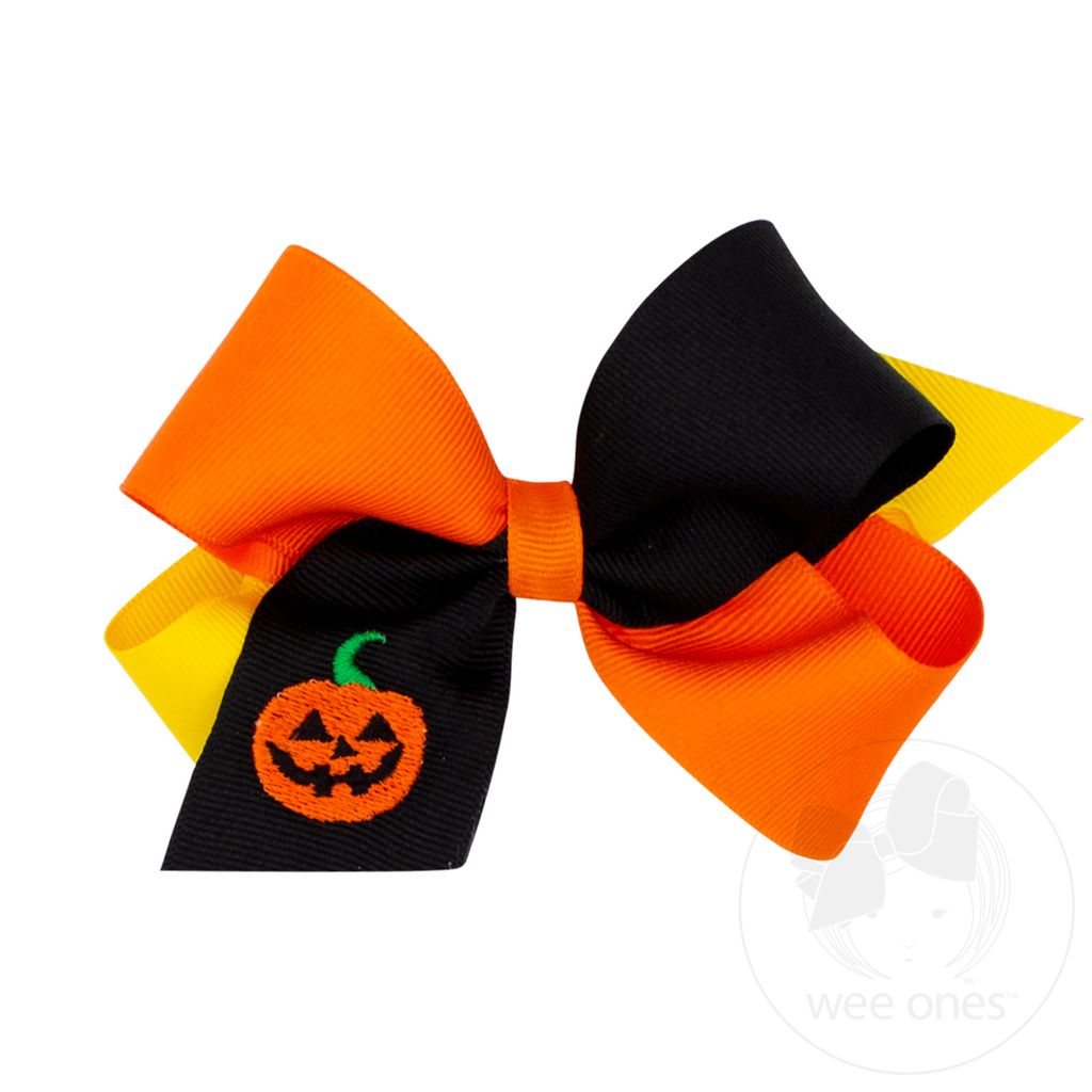 Medium Tri-color Grosgrain Hair Bow with Halloween-themed Embroidery - JACK O LANTERN