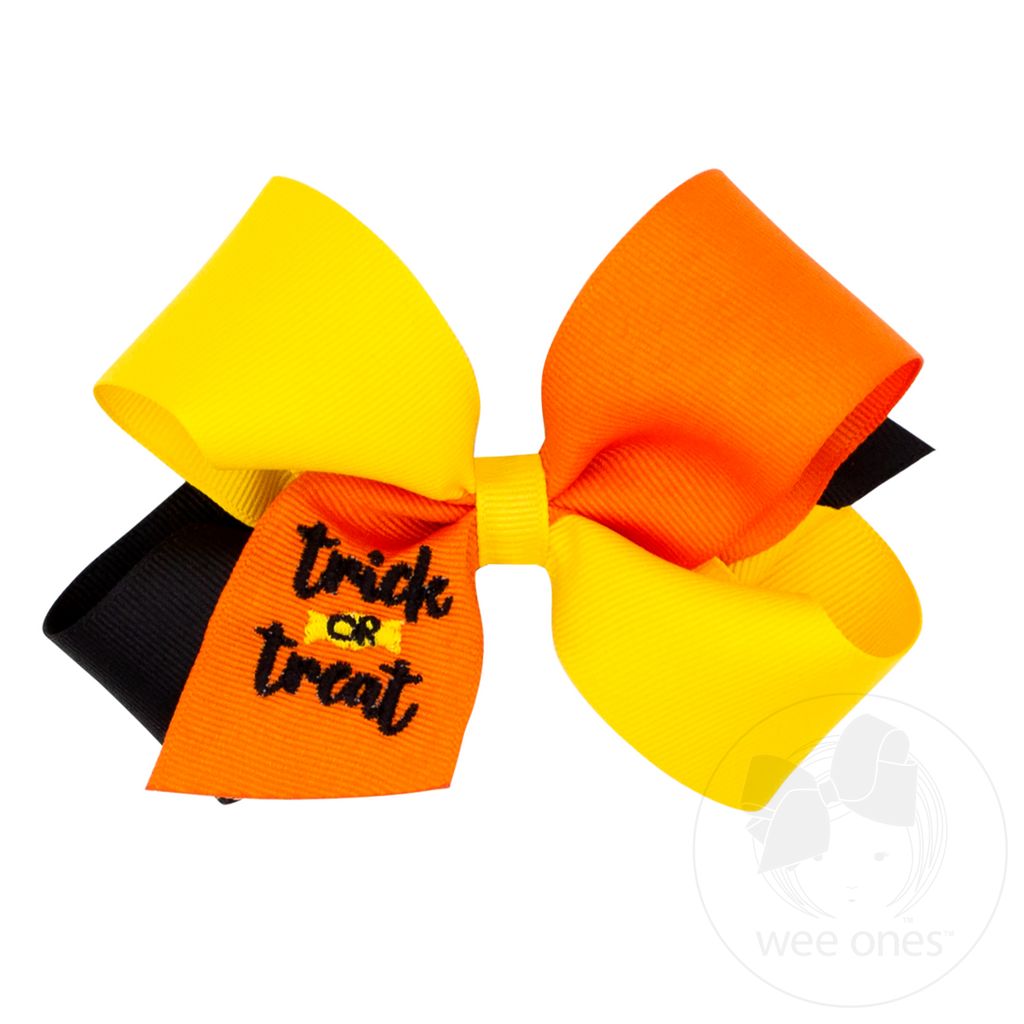 Medium Tri-color Grosgrain Hair Bow with Halloween-themed Embroidery - TRICK OR TREAT