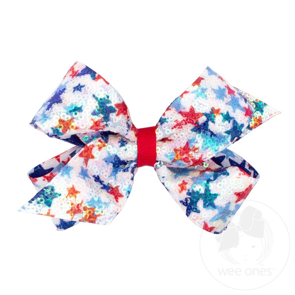 Medium Patriotic Sequin Print Hair Bow - STAR