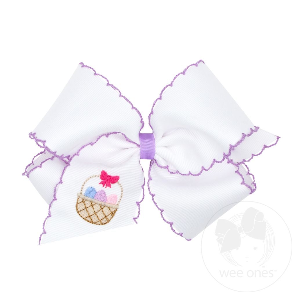 King White Grosgrain Bow with Moonstitch Edge and Easter-inspired Embroidery on Tail - EASTER BASKET