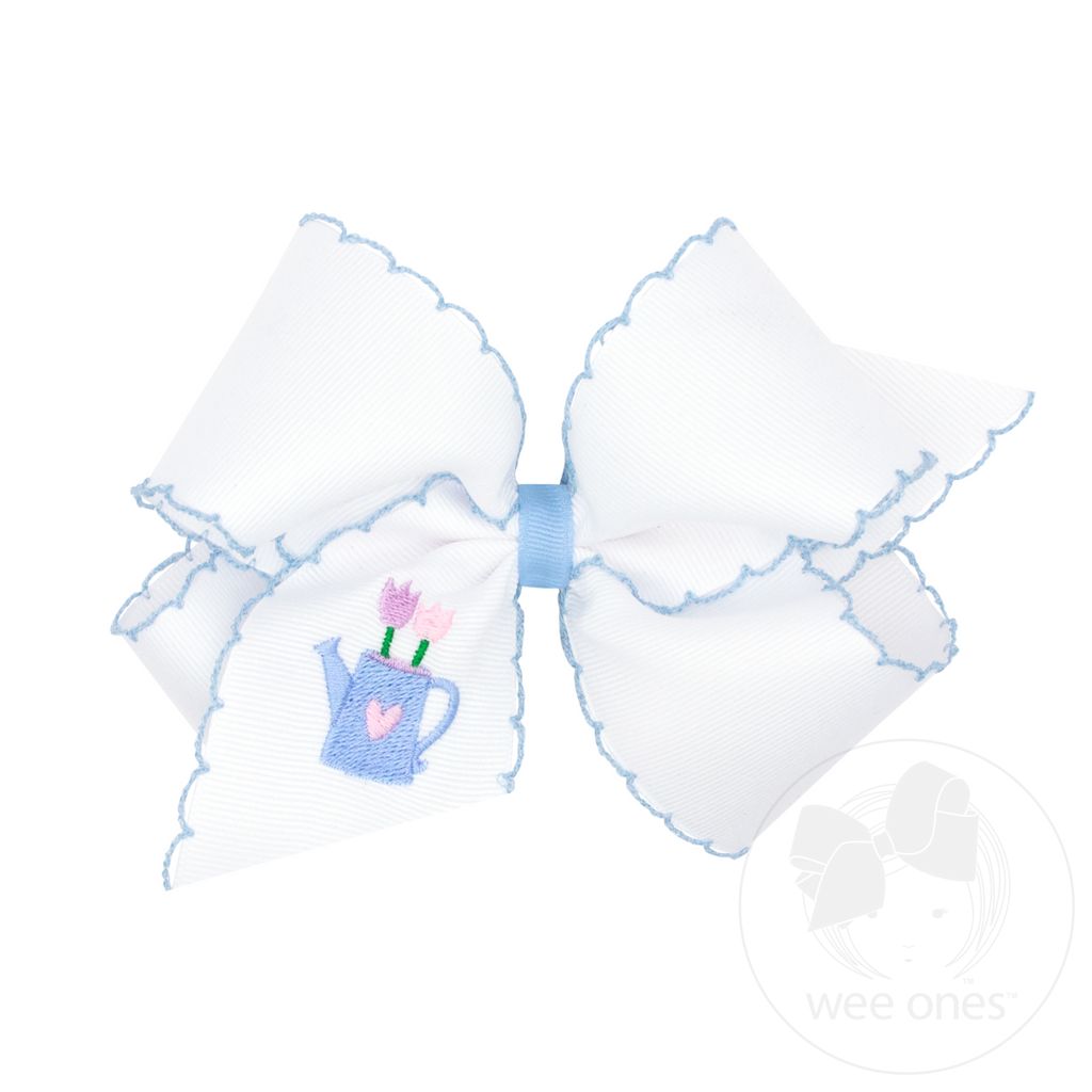 King White Grosgrain Bow with Moonstitch Edge and Easter-inspired Embroidery on Tail - TULIP