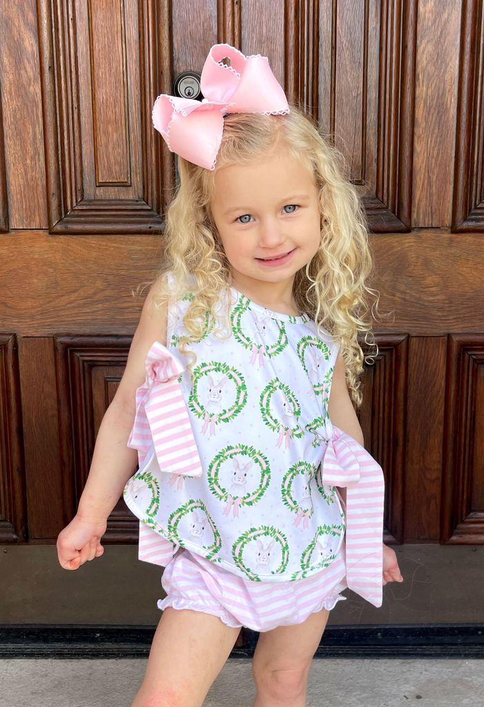 King Pink Grosgrain Bow with Moonstitch Edge and Easter-inspired Embroidery on Tail