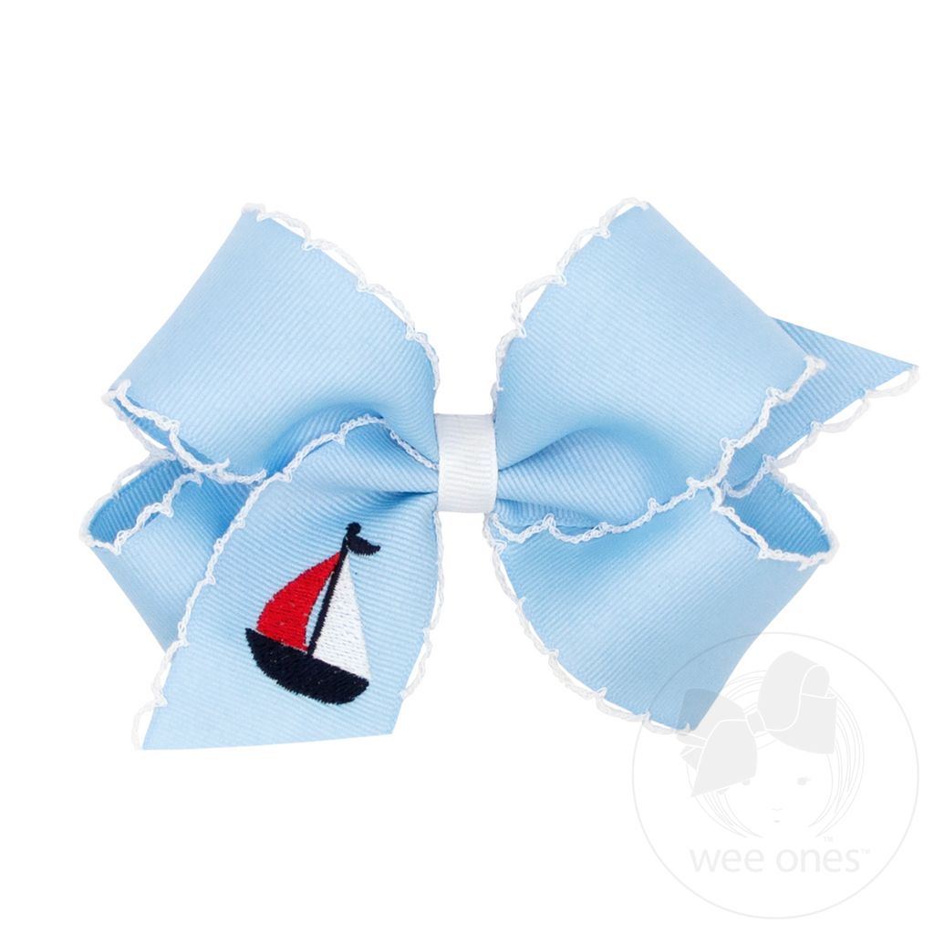 Medium Grosgrain Hair Bow with Moonstitch Edge and Embroidery - BLU W/ WHT