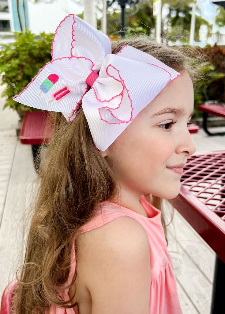 King Grosgrain Hair Bow with Moonstitch Edge and Popsicle Embroidery


