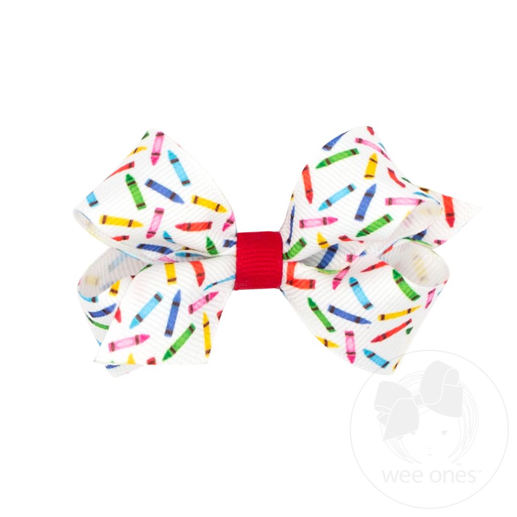 Mini ABC's School-themed Printed Grosgrain Hair Bow - CRAYONS