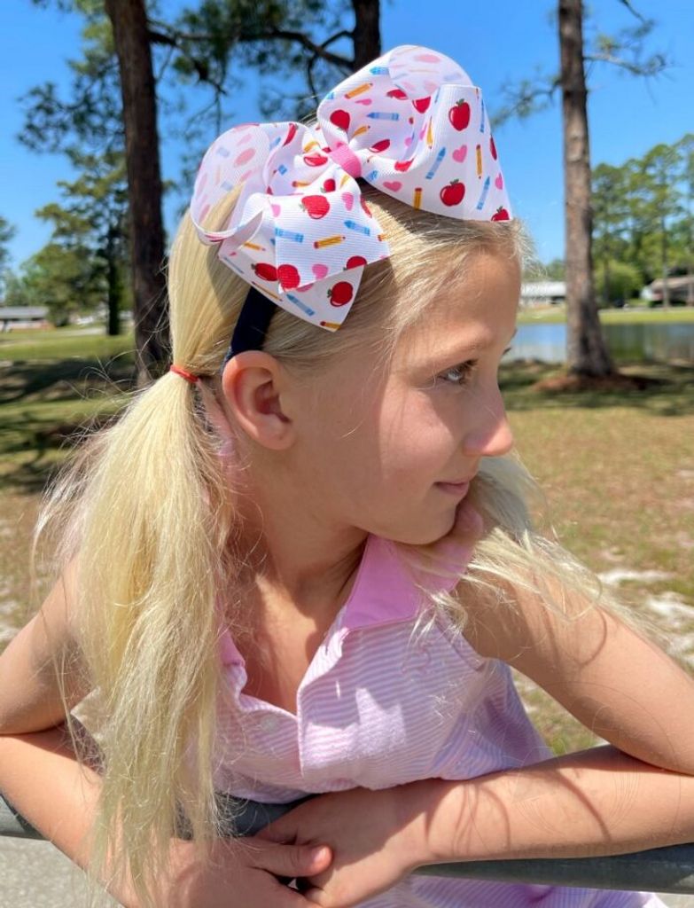 King Apple School-themed Printed Grosgrain Hair Bow