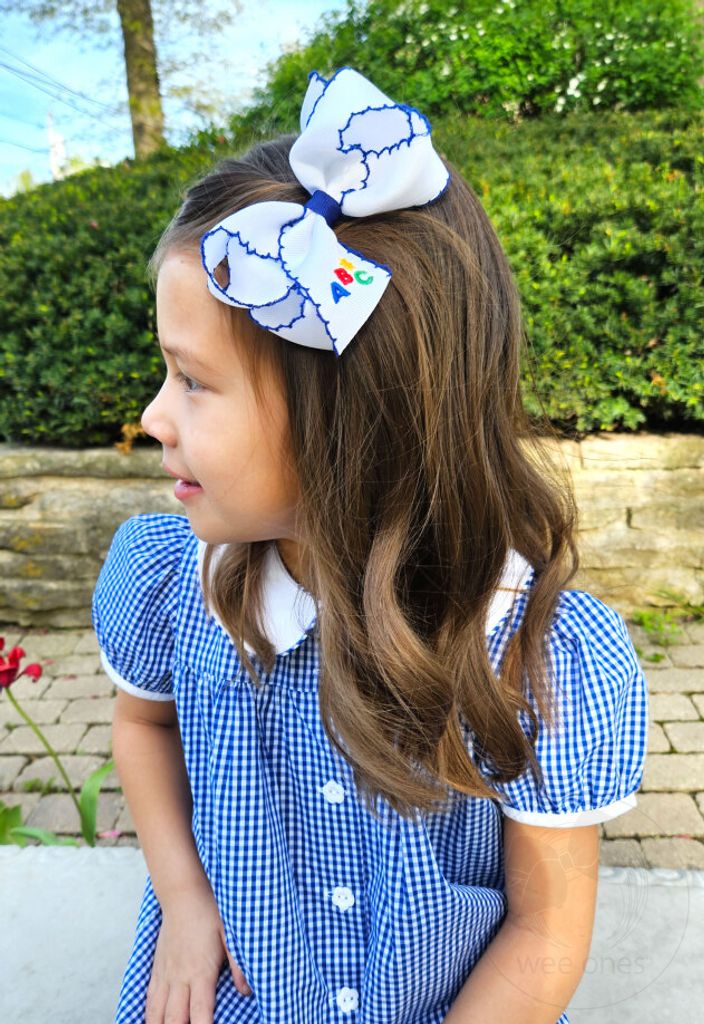 Medium Grosgrain Hair Bow with Blue Moonstitch Edge and ABC Embroidery