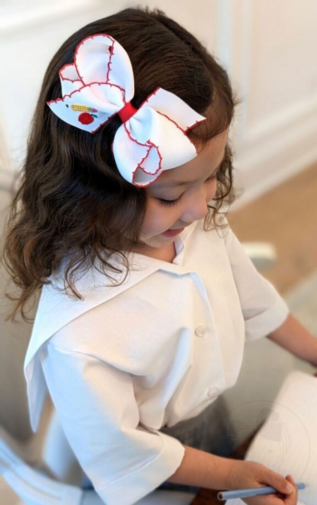 Medium Grosgrain Hair Bow with Red Moonstitch Edge and Pencil Embroidery