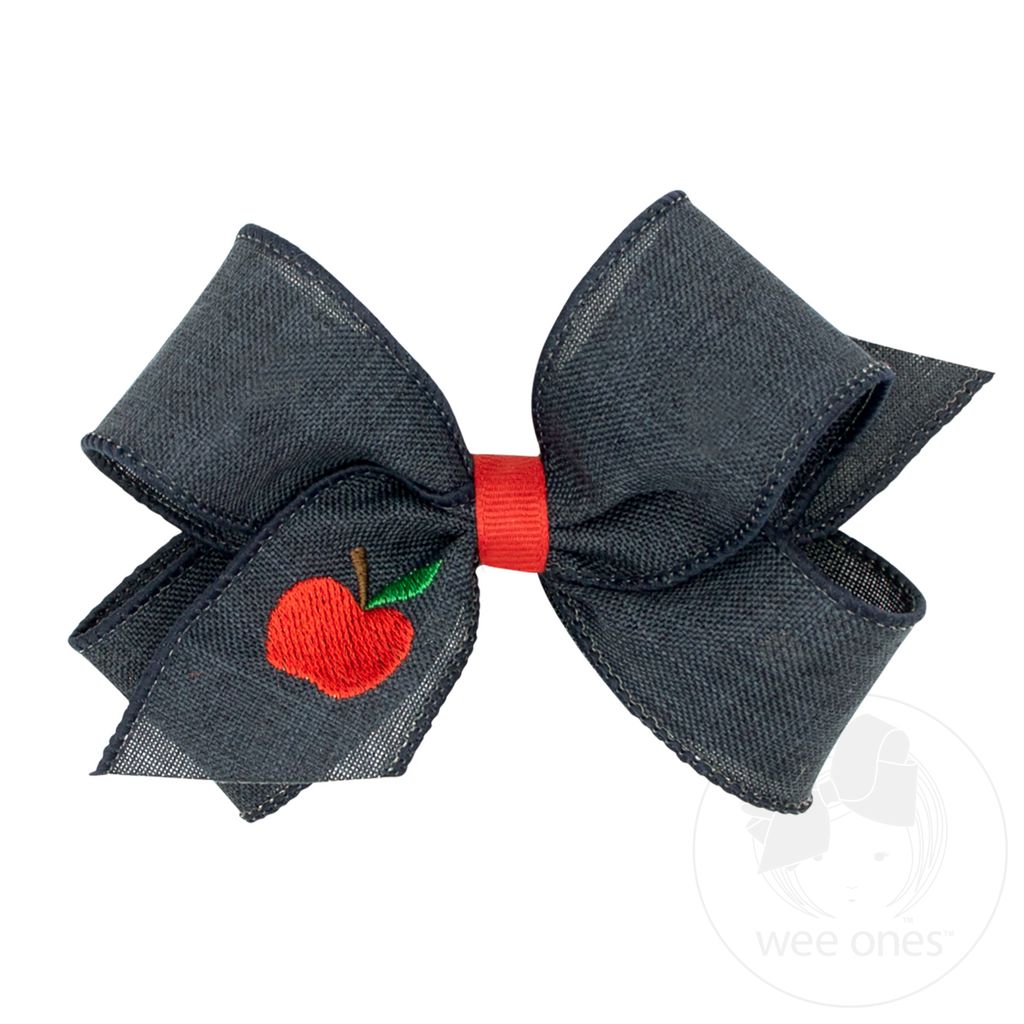 Medium Linen Hair Bow with Apple Embroidery - NAVY