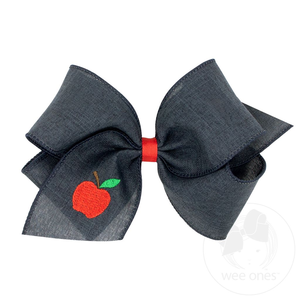 King Linen Hair Bow with Apple Embroidery - NAVY