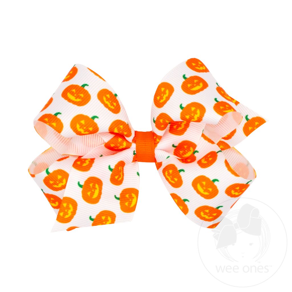 Medium Halloween-themed Jack-O-Lantern Printed Grosgrain Hair Bow - JACK O LANTERN