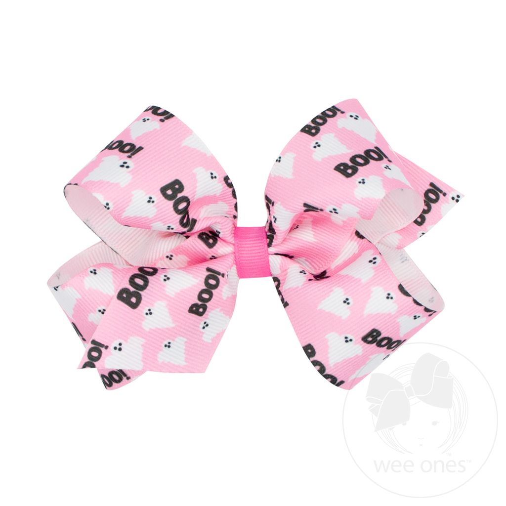 Medium Halloween-themed Pink Boo Ghost Printed Grosgrain Hair Bow - PINK BOO