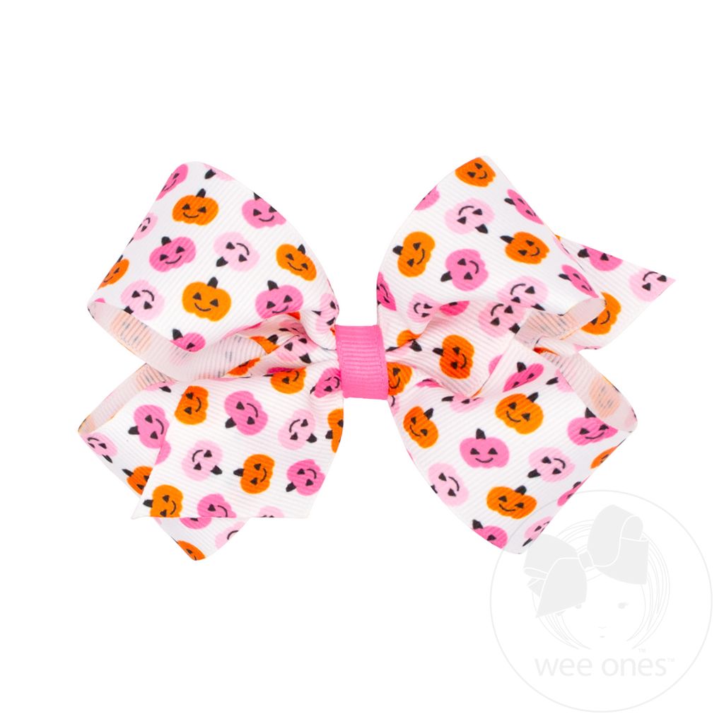 Medium Halloween-themed Pink Jack-O-Lantern Printed Grosgrain Hair bow - PINK JACK O LANTERN