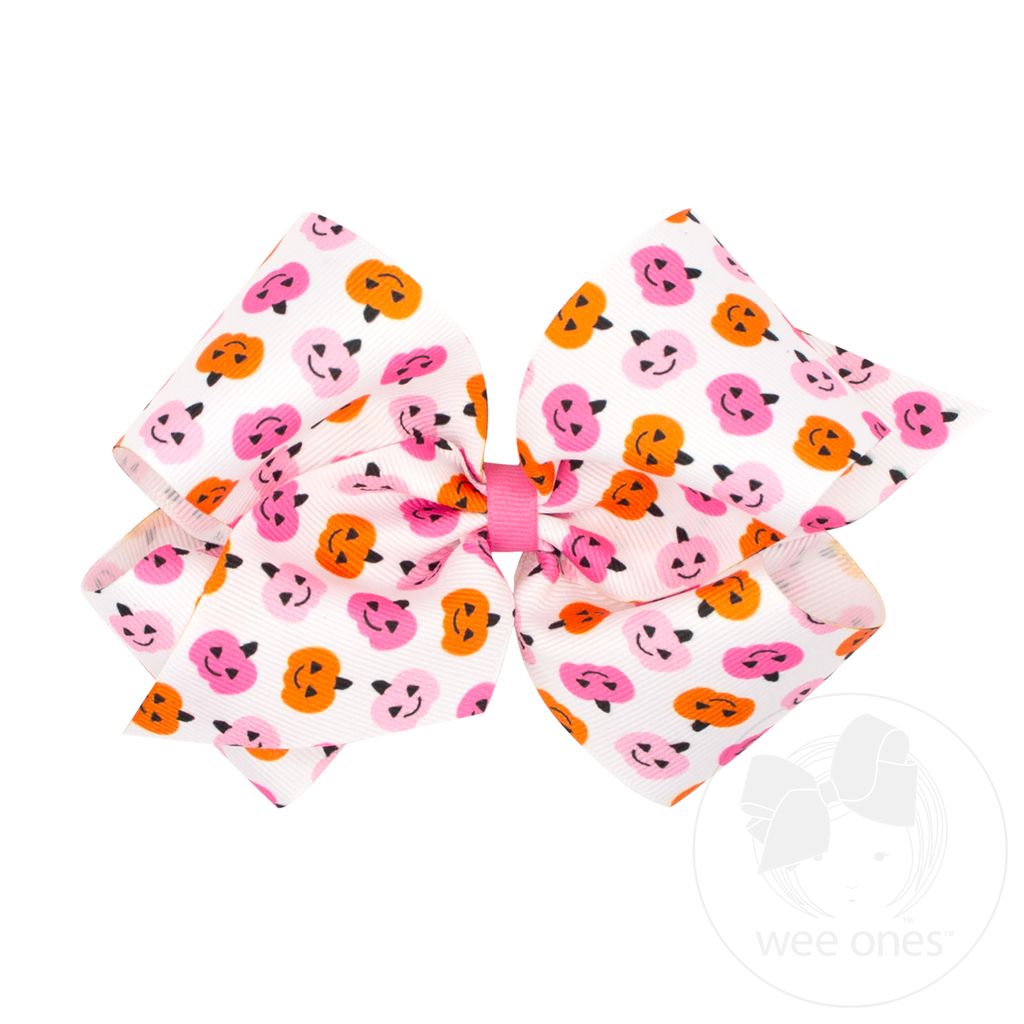 King Halloween-themed Pink Jack-O-Lantern Printed Grosgrain Hair Bow - PINK JACK O LANTERN