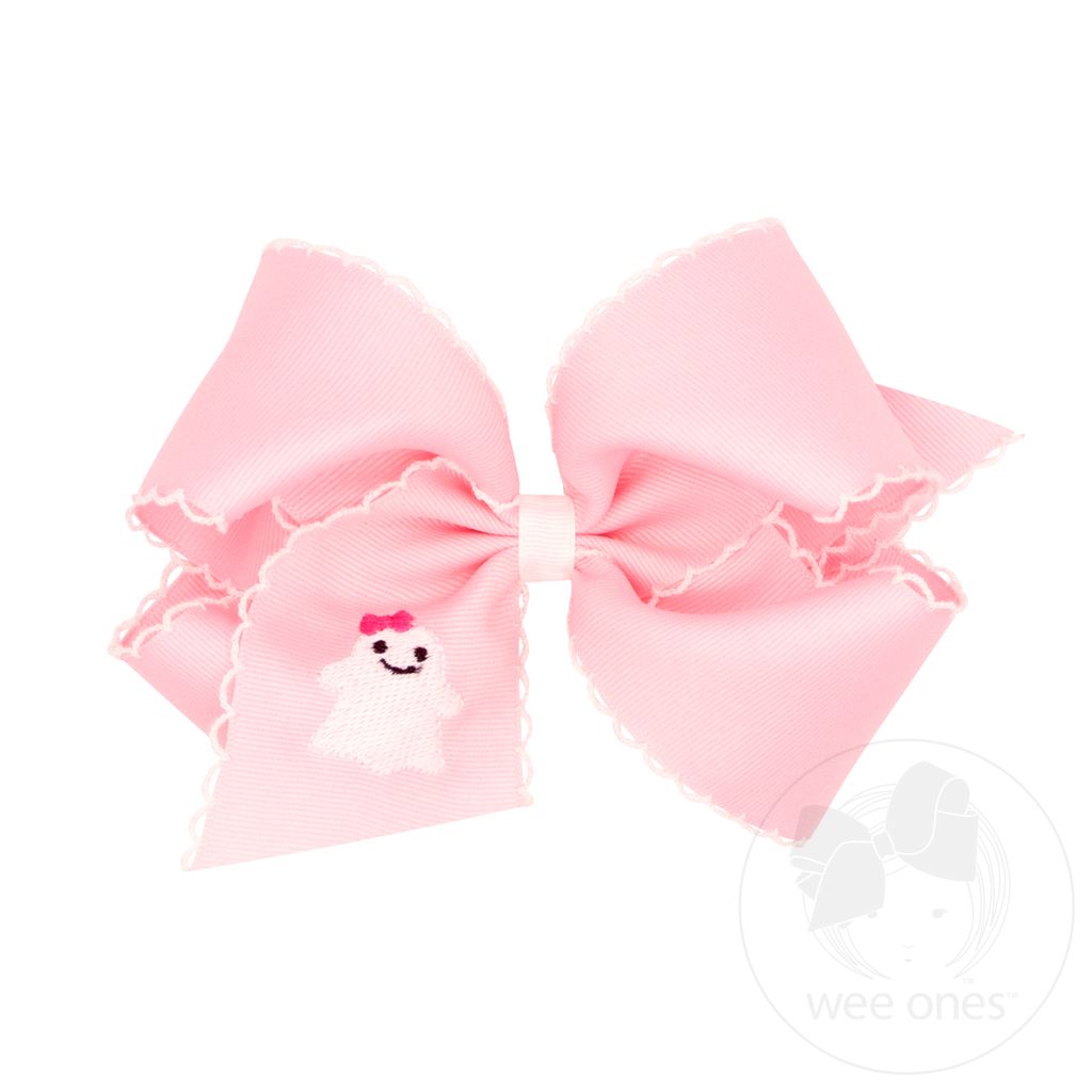 King Grosgrain Hair Bow with Moonstitch Edge and Ghost Embroidery - GHOST