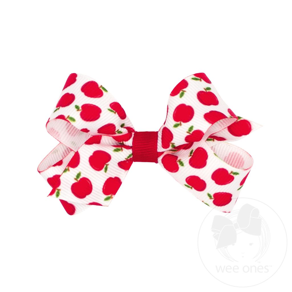 Mini Harvest-themed Apple Printed Grosgrain Hair Bow - APL/WHT