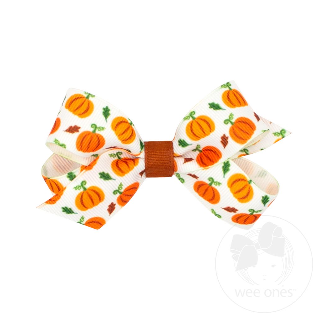 Mini Harvest-themed Pumpkin Printed Grosgrain Hair Bow - PMK/WHT