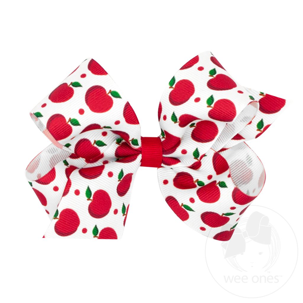 Medium Harvest-themed Apple Printed Grosgrain Hair Bow - APL/WHT