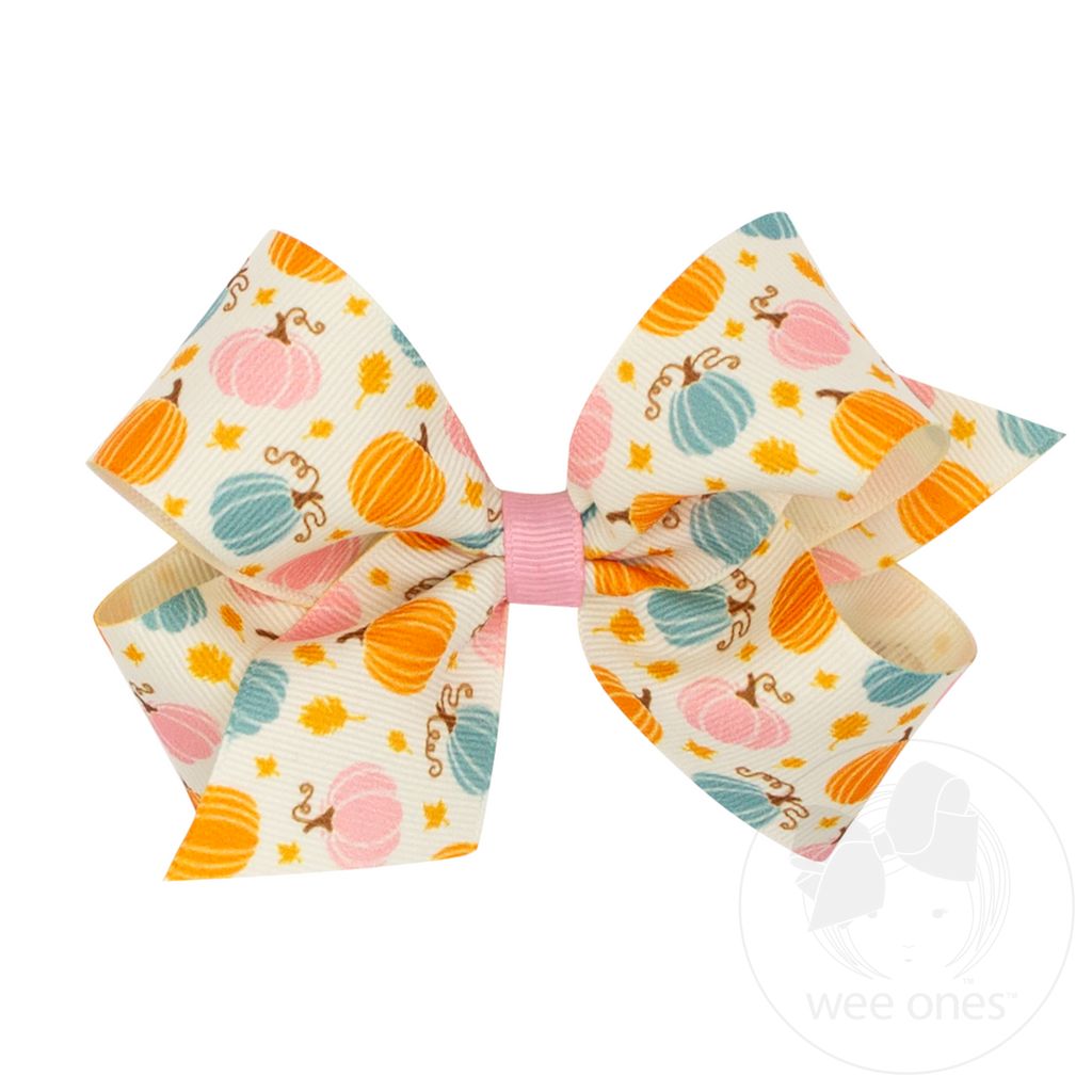 Medium Harvest-themed Multicolored Pumpkin Printed Grosgrain Hair Bow - MULTI