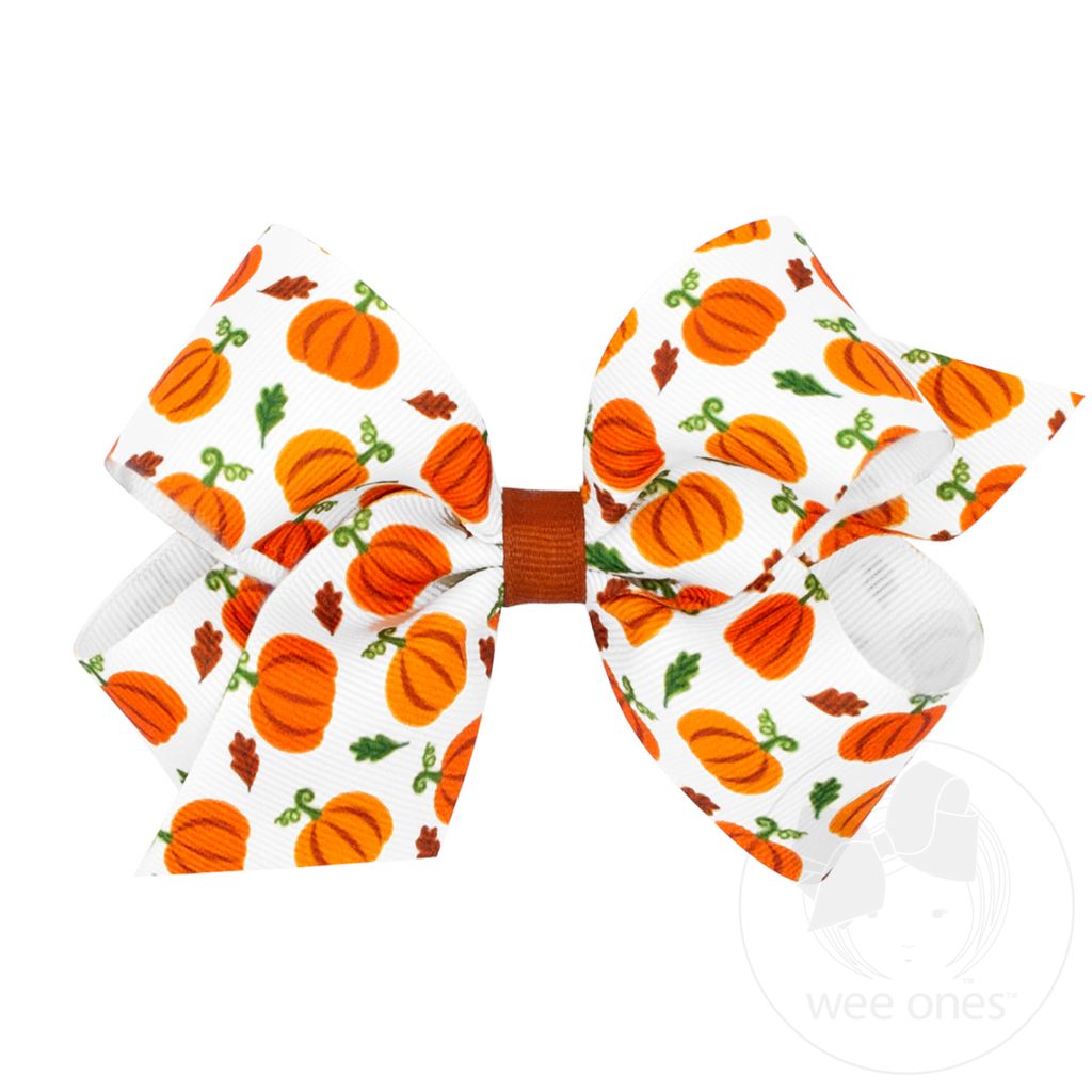 Medium Harvest-themed Pumpkin Printed Grosgrain Hair Bow - PMK/WHT