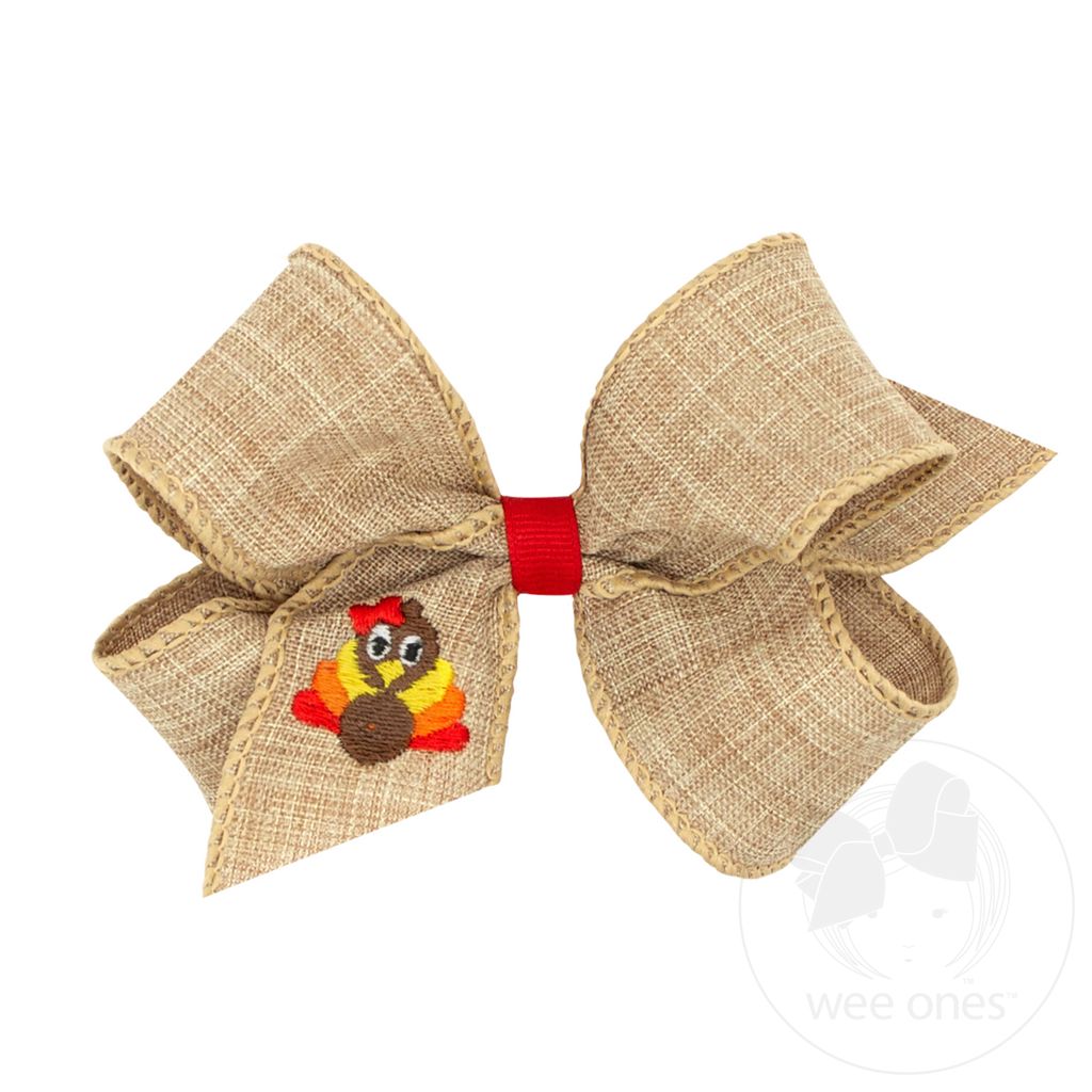 Medium Linen Hair Bow with Turkey Embroidery - TURKEY