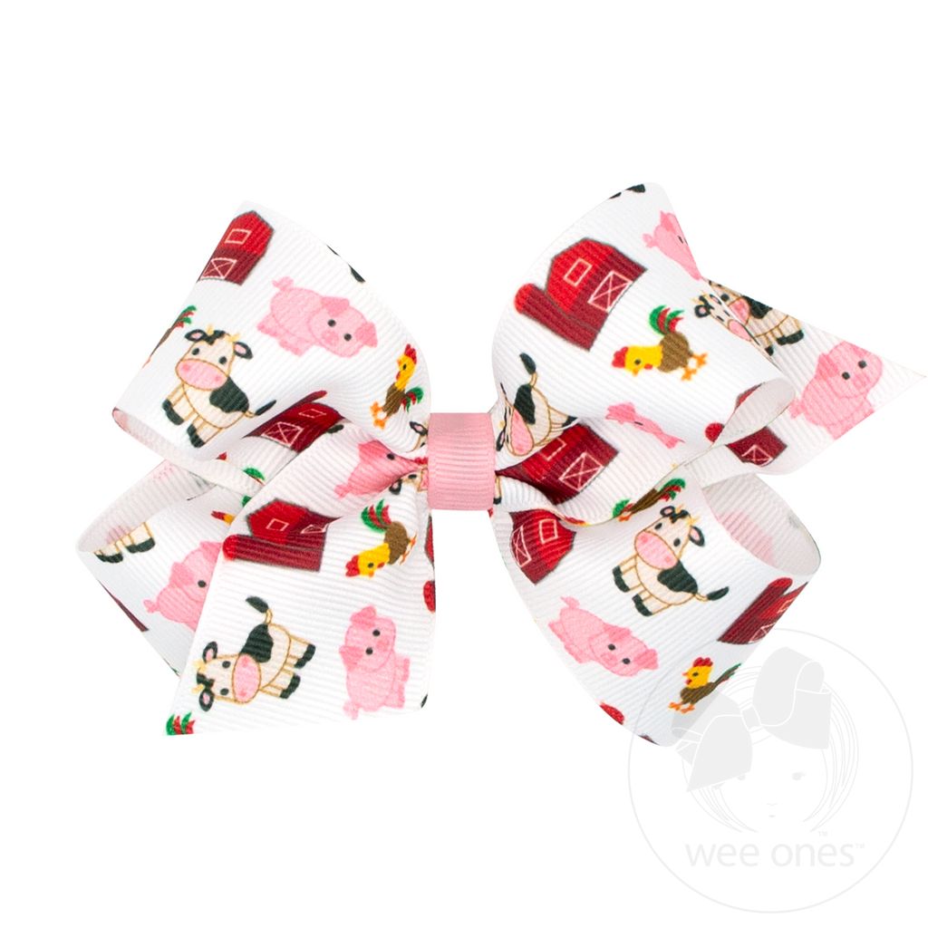 Medium Farm-themed Barnyard Animals Printed Grosgrain Hair Bow - MULTI