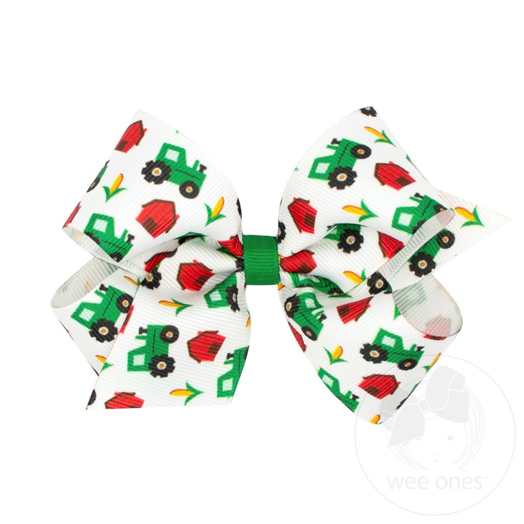 Medium Farm-themed Tractor Printed Grosgrain Hair Bow - TRACTOR