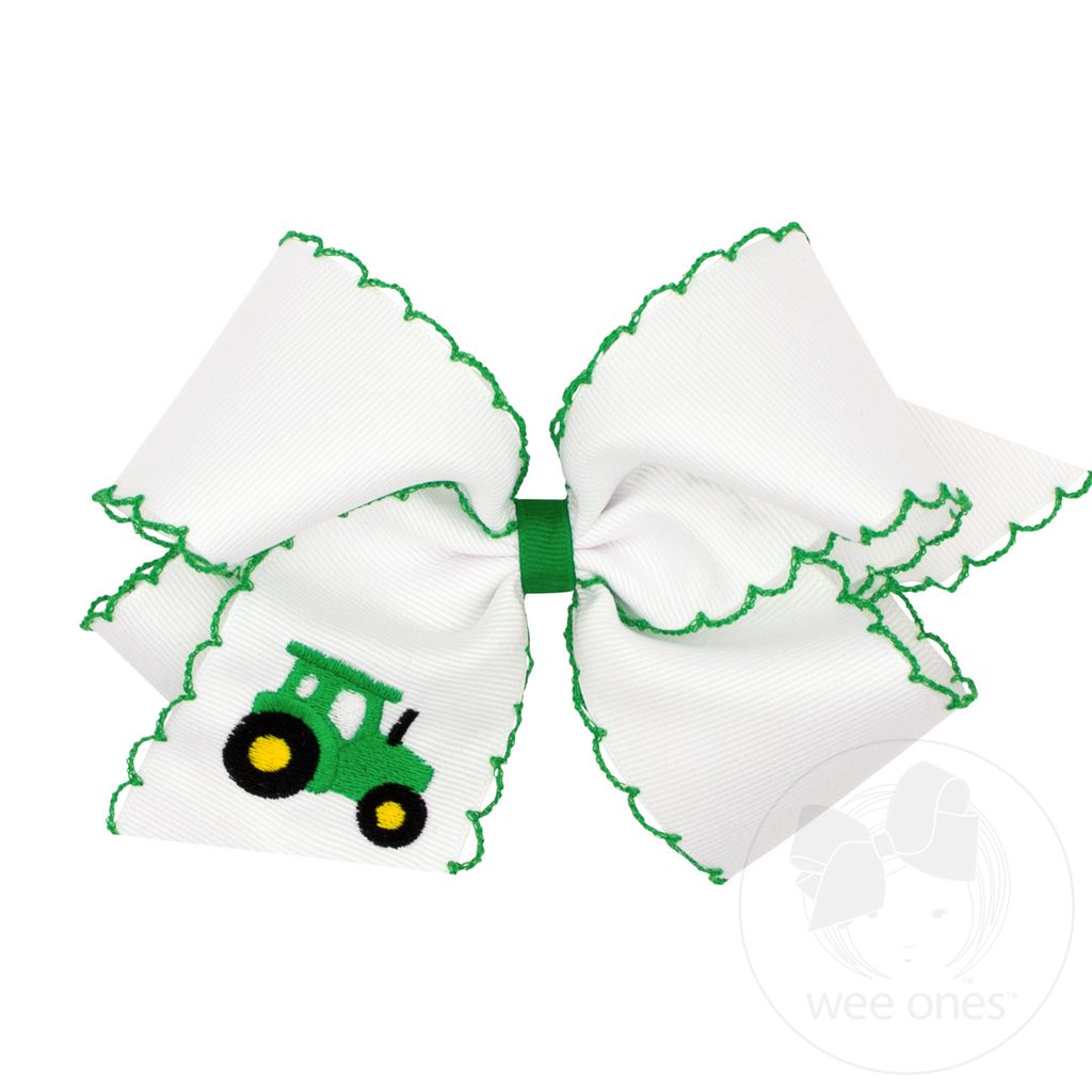 King Grosgrain Hair Bow with Moonstitch Edge and Tractor Embroidery - WHT W/ GRN