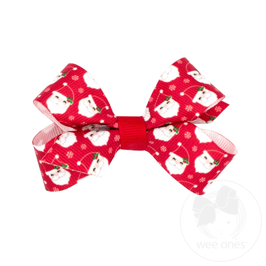 Mini Holiday-themed Santa Claus Printed Grosgrain Hair Bow - RED SANTA