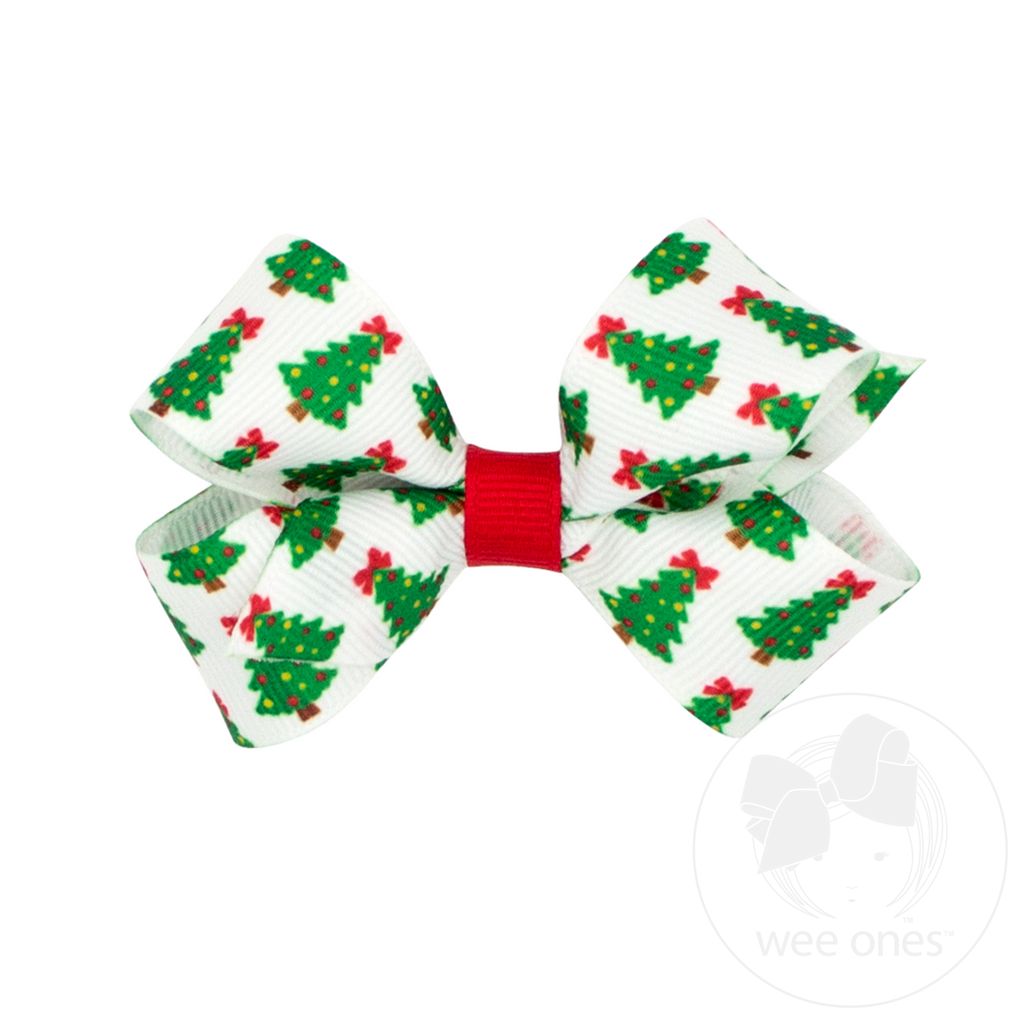 Mini Holiday-themed Christmas Tree Printed Grosgrain Hair Bow - TREE