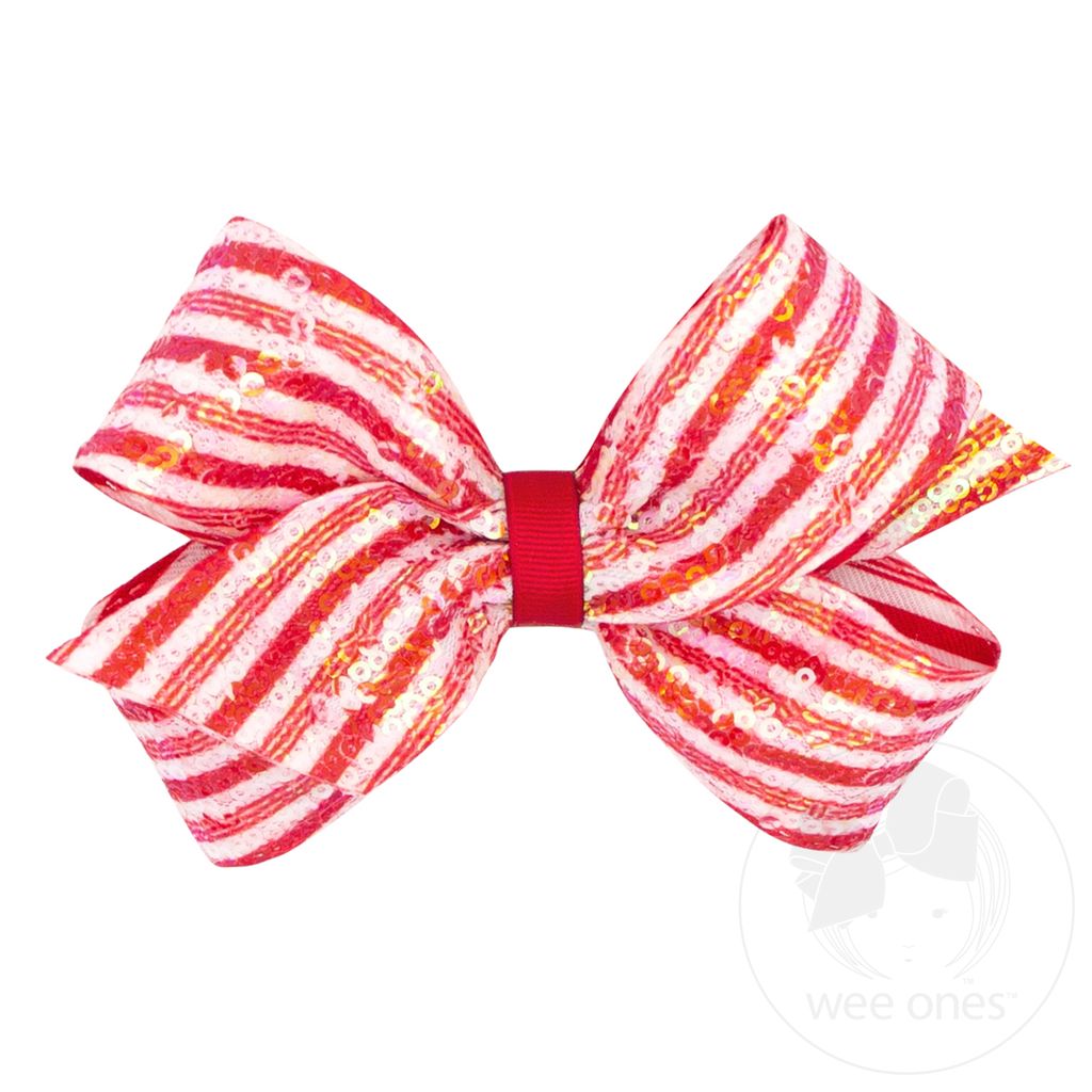 Medium Holiday Stripe Printed Sequin Hair Bow - STRIPE