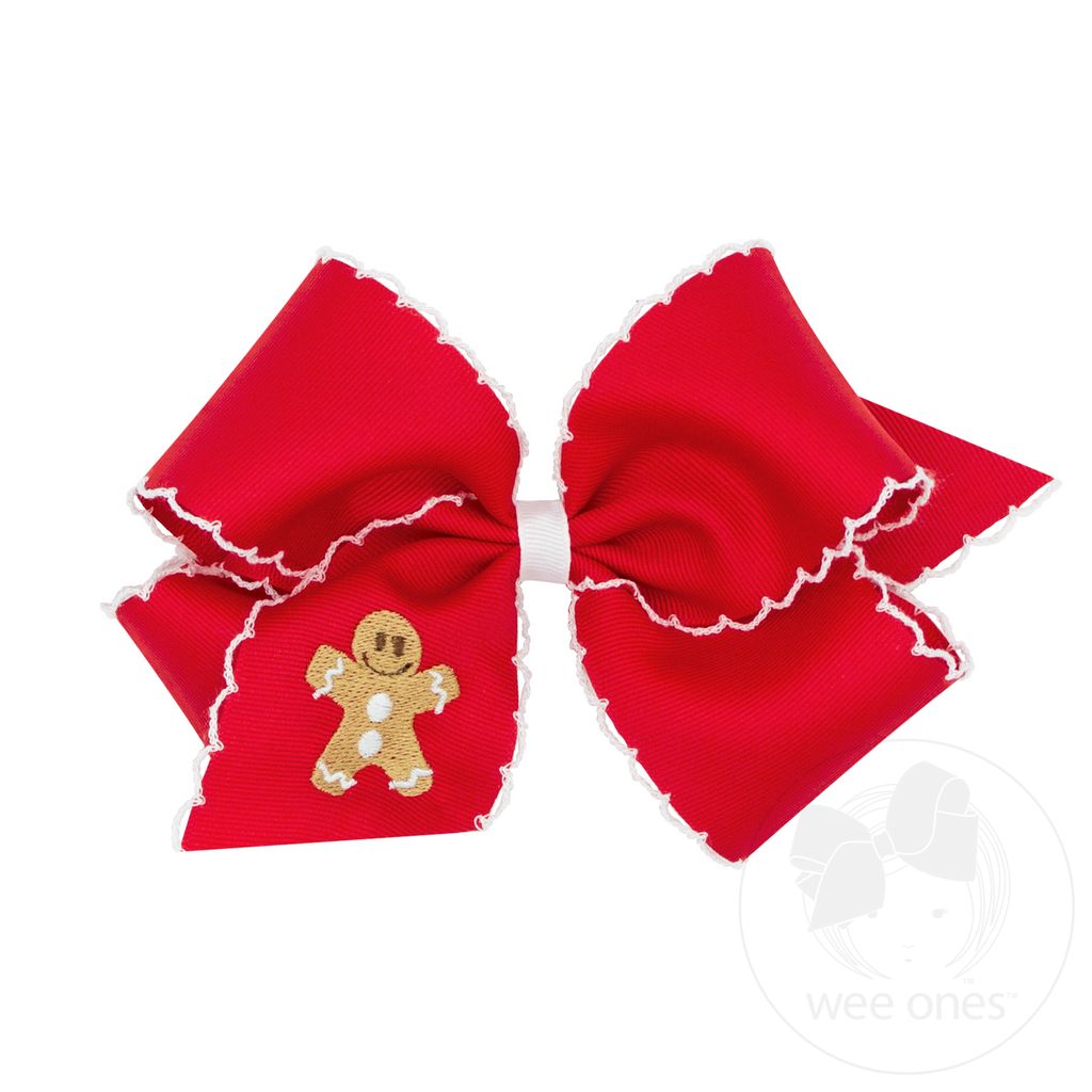 King Grosgrain Hair bow with Moonstitch Edge and Holiday-themed Embroidery - GINGERBREAD