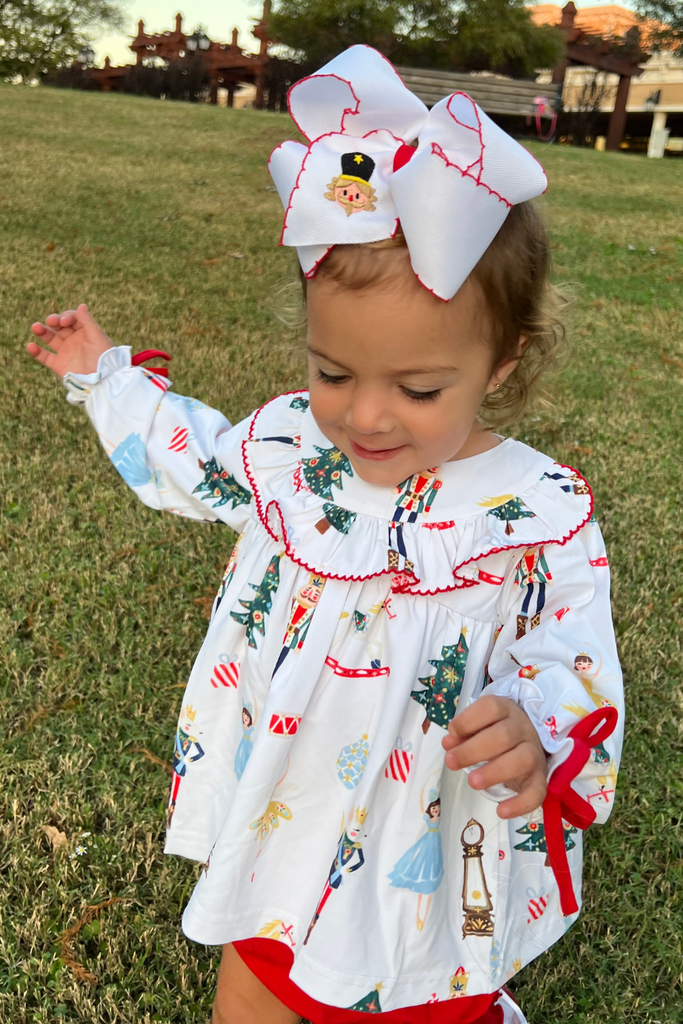 King Grosgrain Hair bow with Moonstitch Edge and Holiday-themed Embroidery