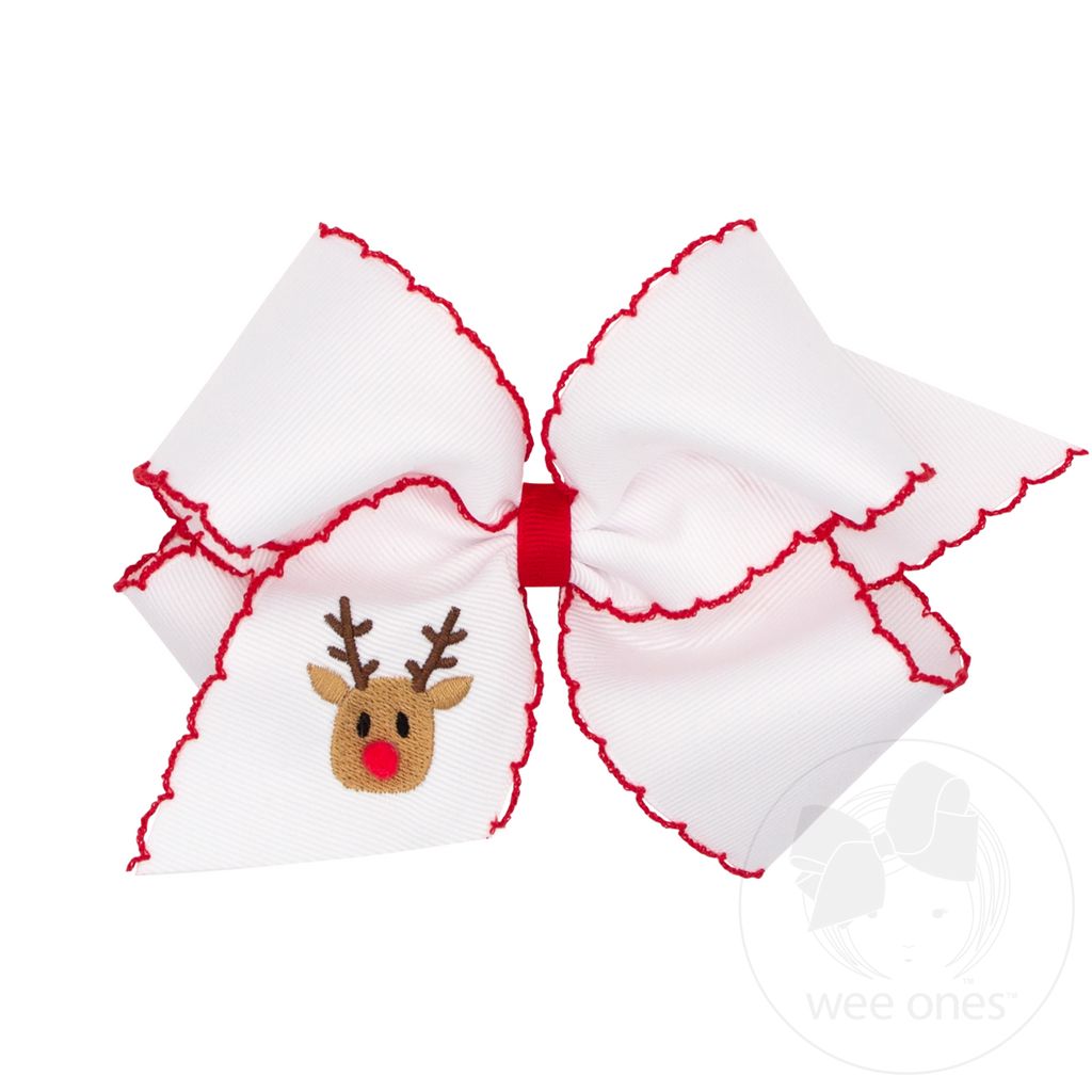 King Grosgrain Hair bow with Moonstitch Edge and Holiday-themed Embroidery - REINDEER