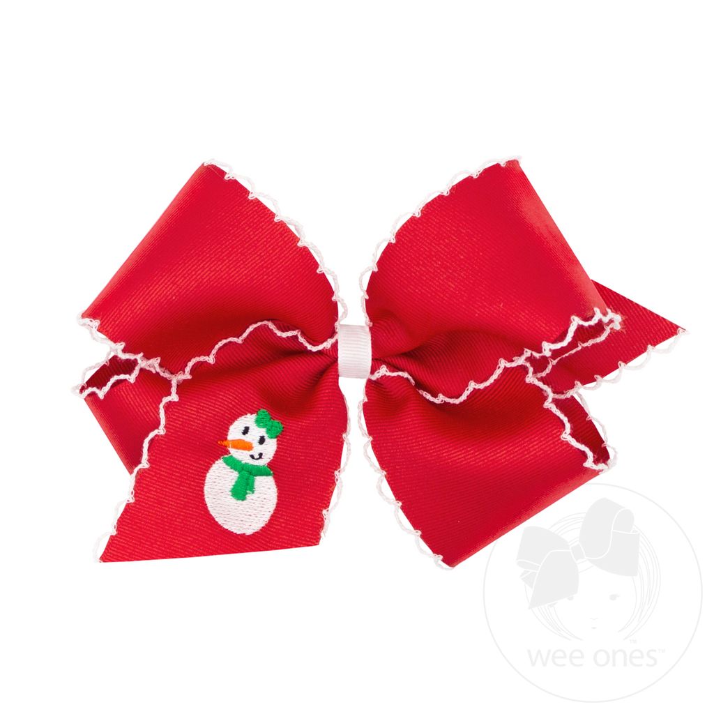 King Grosgrain Hair bow with Moonstitch Edge and Holiday-themed Embroidery - SNOWMAN