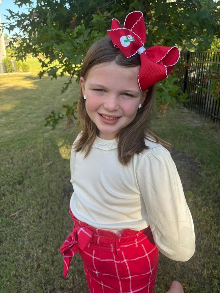 King Grosgrain Hair bow with Moonstitch Edge and Holiday-themed Embroidery