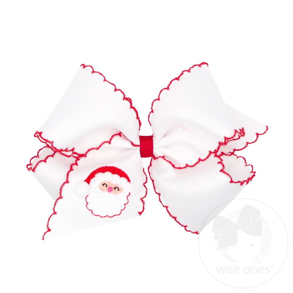 King Grosgrain Hair bow with Moonstitch Edge and Holiday-themed Embroidery - WHITE SANTA