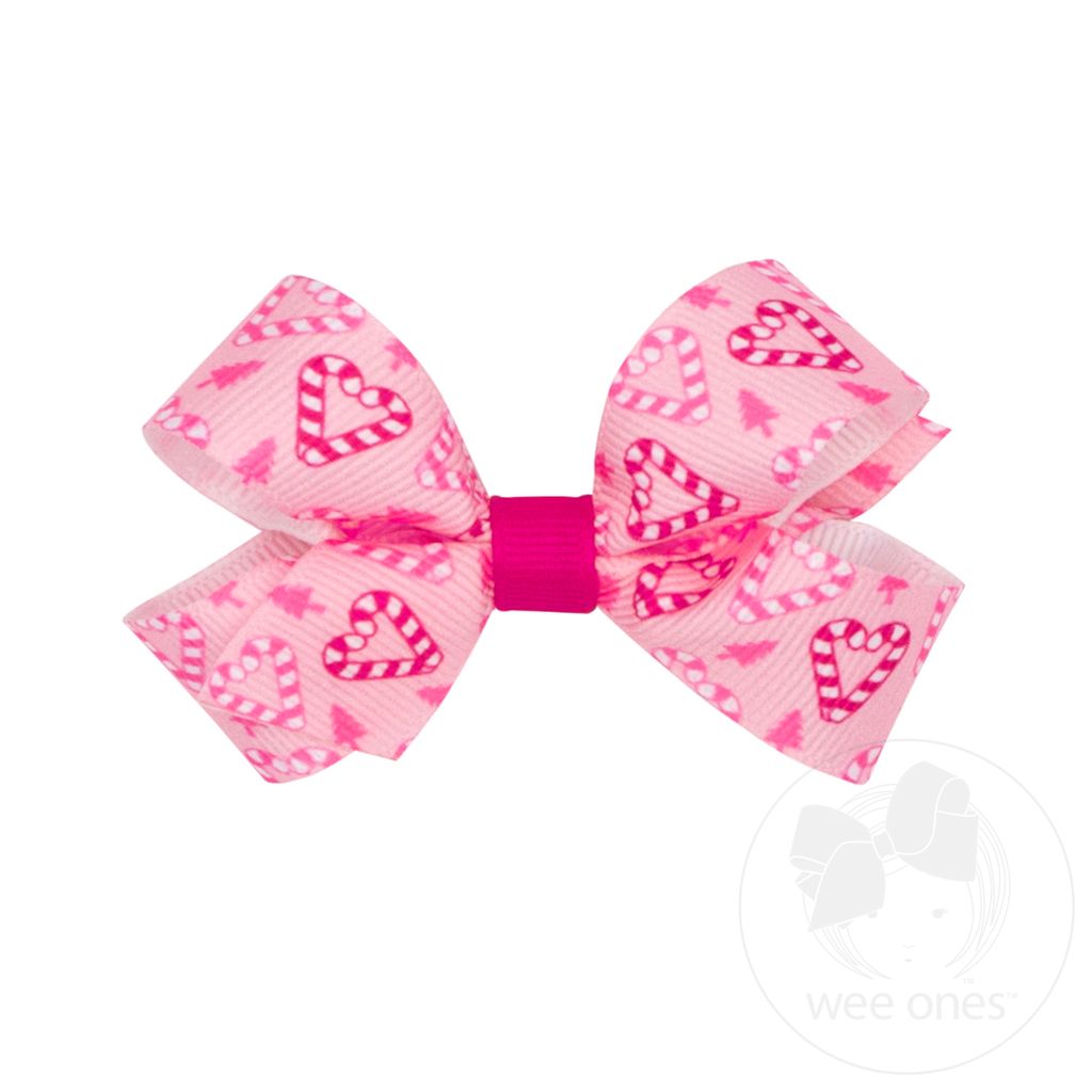 Mini Holiday-themed Pink Candy Cane Printed Grosgrain Hair Bow - CANDY CANE