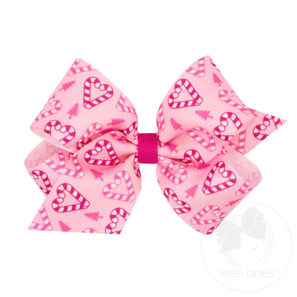 Medium Holiday-themed Pink Candy Cane Printed Grosgrain Hair Bow - CANDY CANE