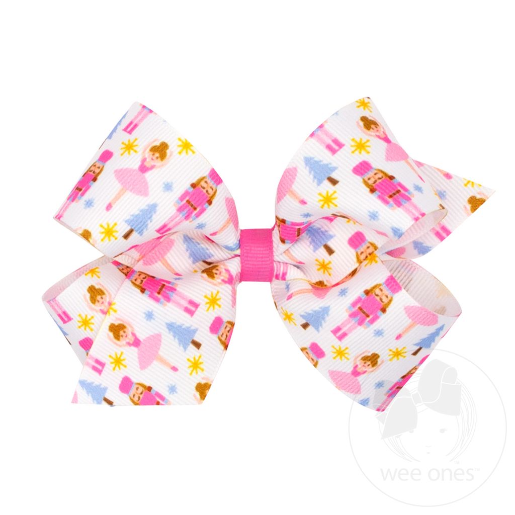 Medium Holiday-themed Pink Nutcracker Printed Grosgrain Hair Bow - NUTCRACKER