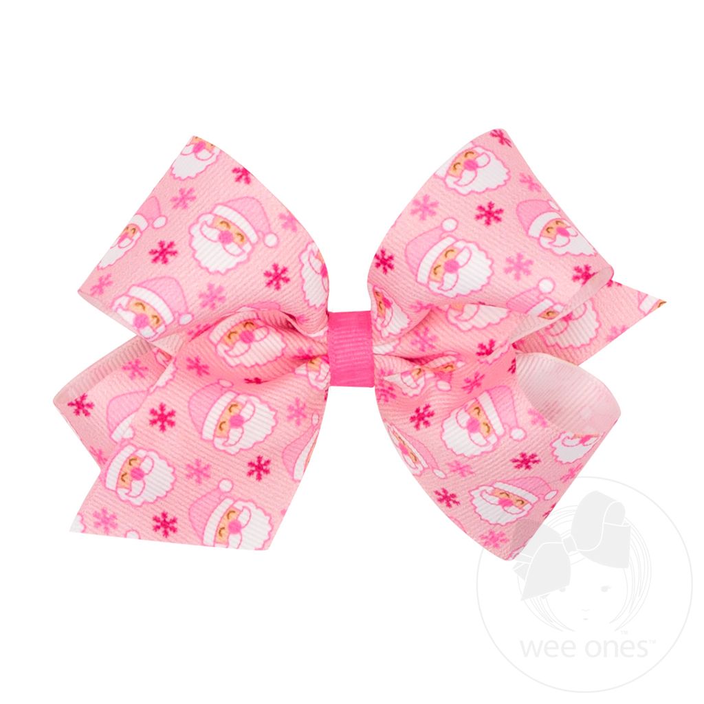 Medium Holiday-themed Pink Santa Printed Grosgrain Hair Bow - PINK SANTA