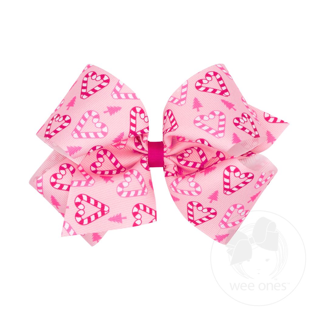 King Holiday-themed Pink Candy Cane Printed Grosgrain Hair Bow - CANDY CANE