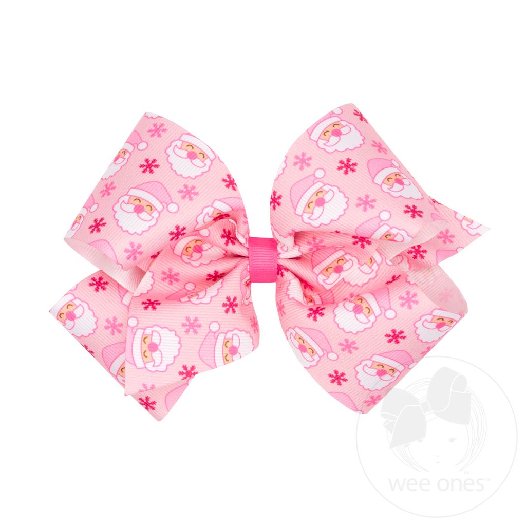 King Holiday-themed Pink Santa Printed Grosgrain Hair Bow - PINK SANTA