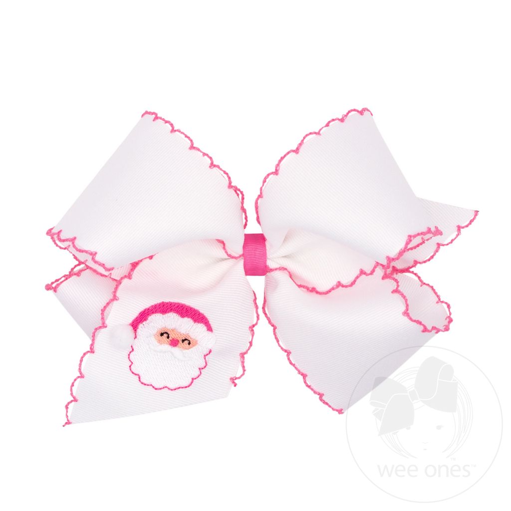 King Grosgrain Hair Bow with Moonstitch Edge and Holiday-themed Santa Claus Embroidery - WHITE SANTA