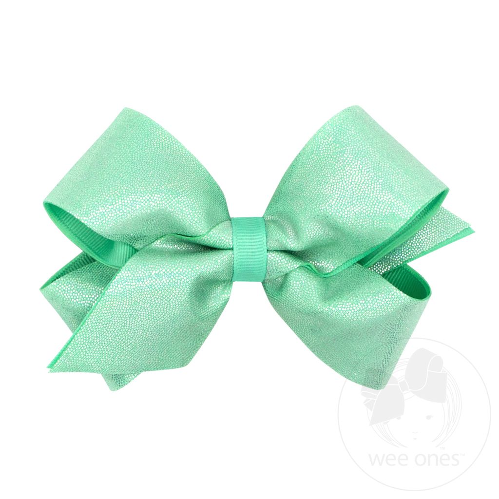 Medium Mirror Dot and Grosgrain Overlay Hair Bow - PASTEL GREEN