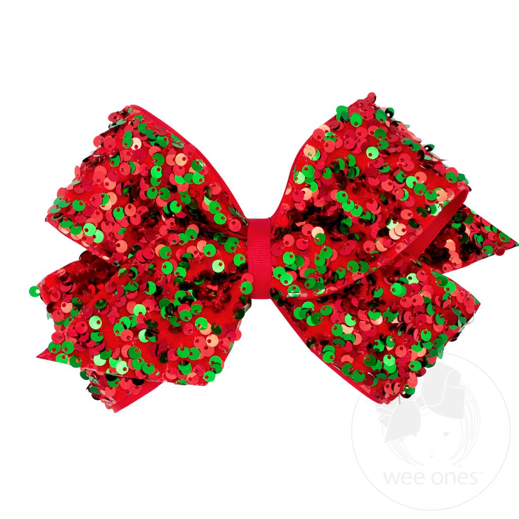 King Red and Green Velvet Sequin and Grosgrain Overlay Hair Bow - RED