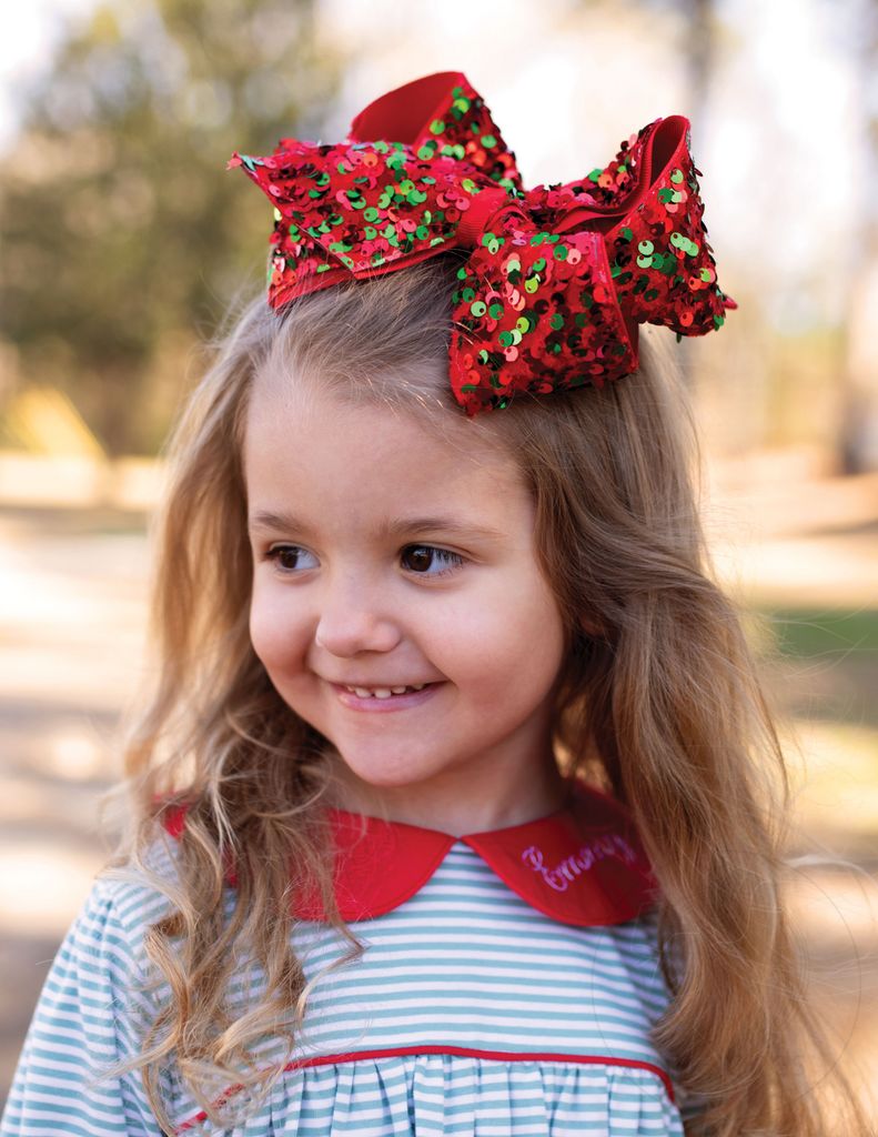 King Red and Green Velvet Sequin and Grosgrain Overlay Hair Bow
