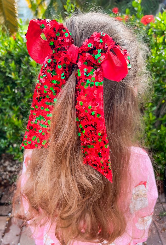 King Red and Green Velvet Sequin Two-loop Hair Bow with Long Front Tails and Knot Wrap